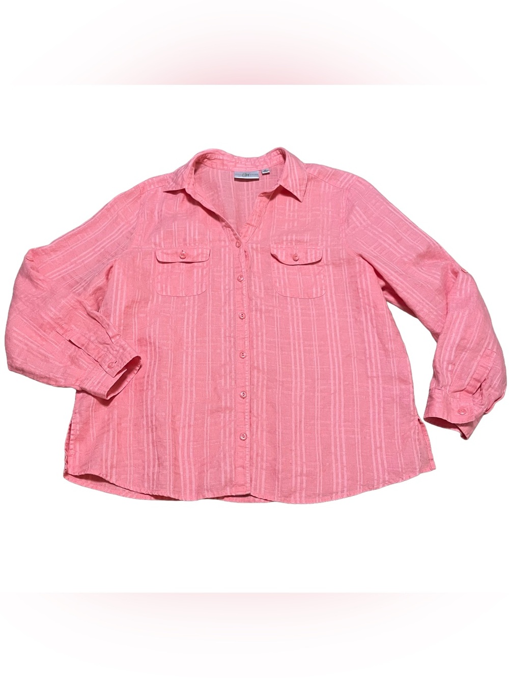 100% Linen Studio Works Pink Button-Front Collared Shirt